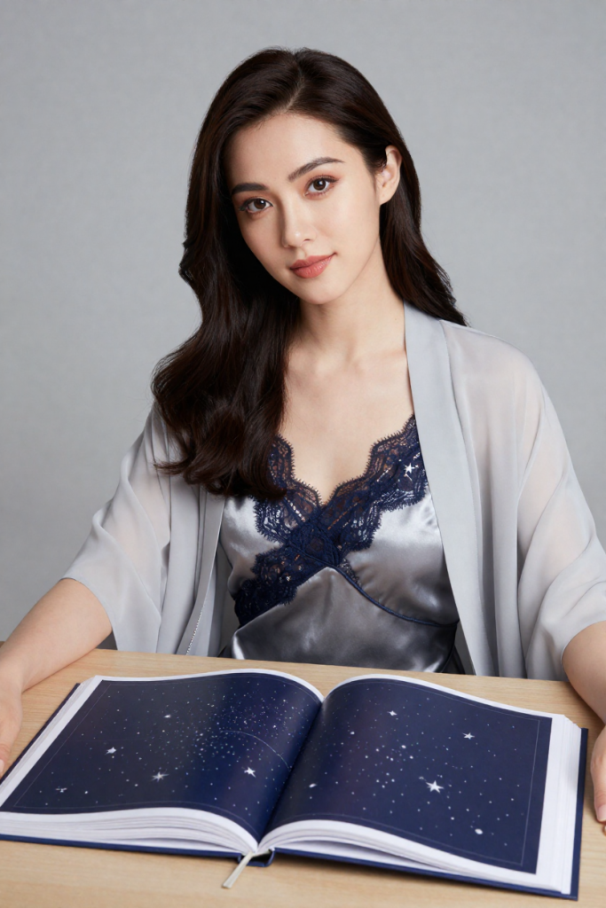 StarBioLinks muse in silver satin at the desk with the deep-blue star pages